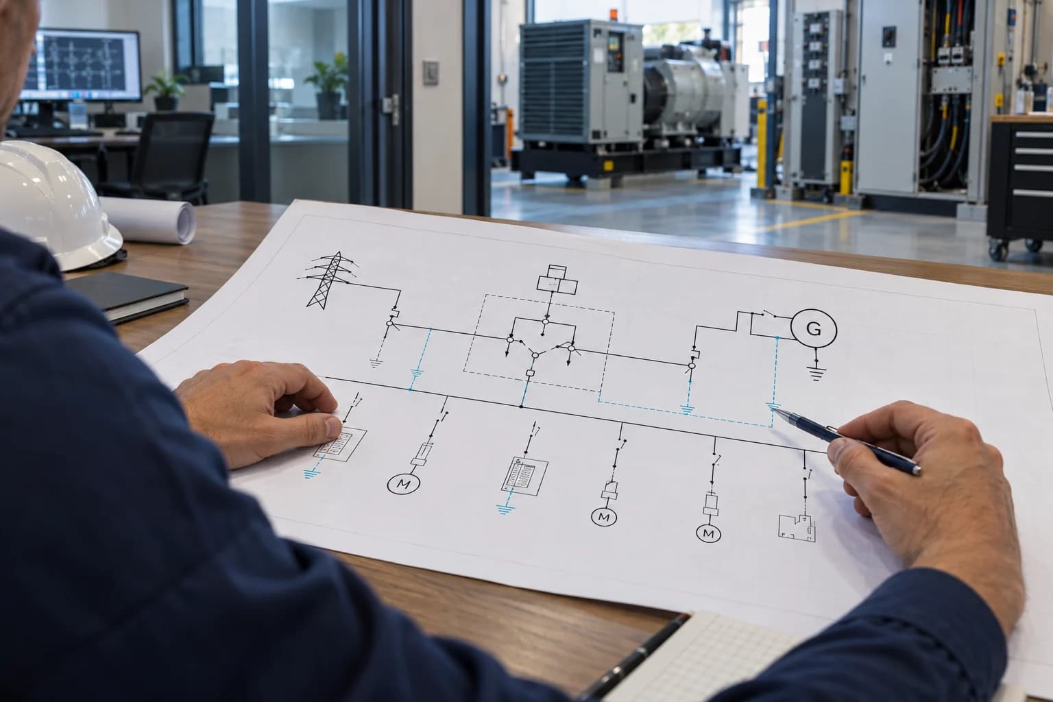 Electrical engineer reviewing ATS neutral and generator grounding one-line diagram
