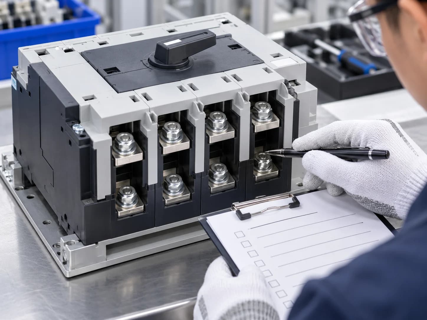 Automatic transfer switch terminal and pole-count inspection close-up