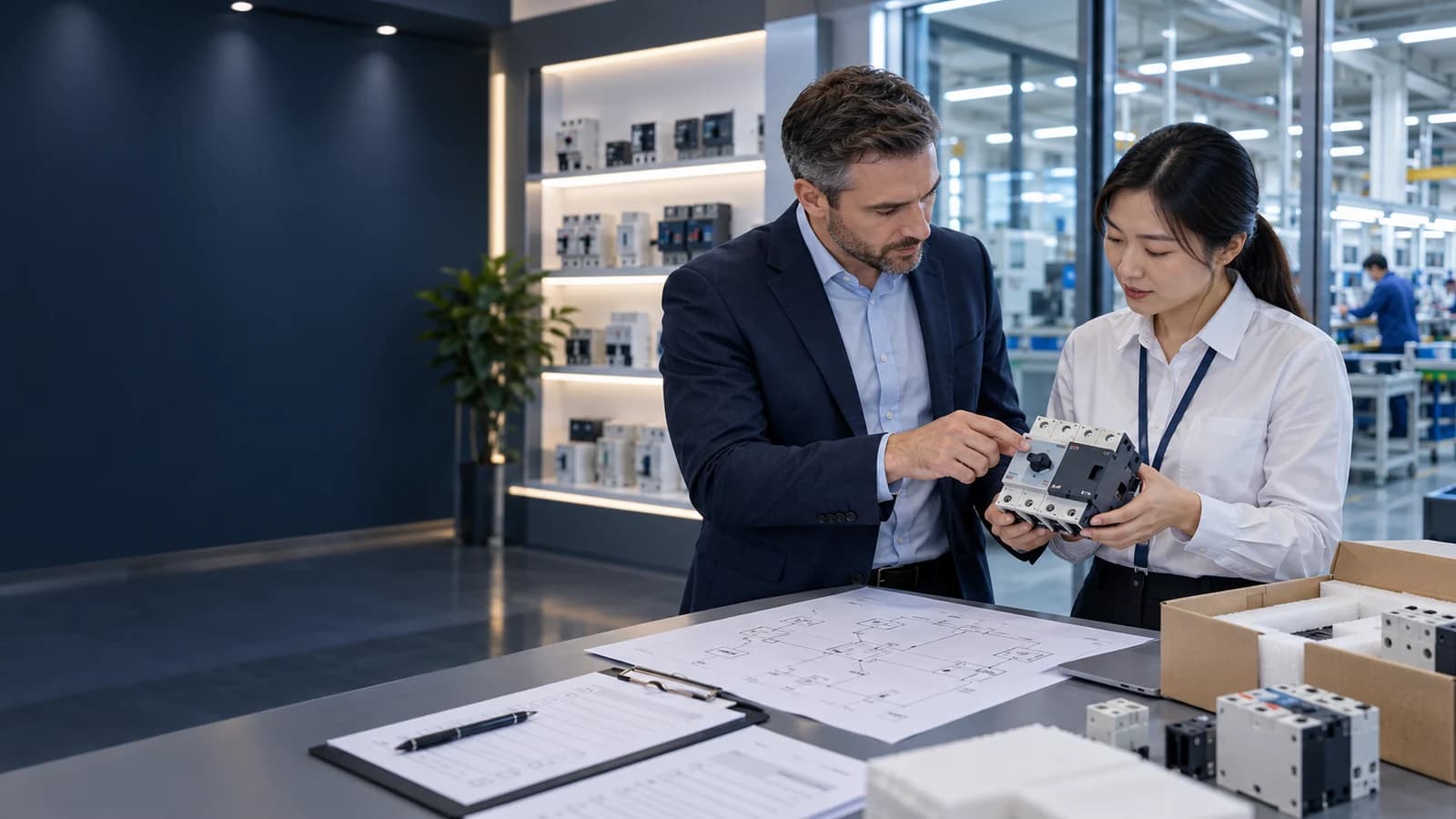 International buyer reviewing an automatic transfer switch sample