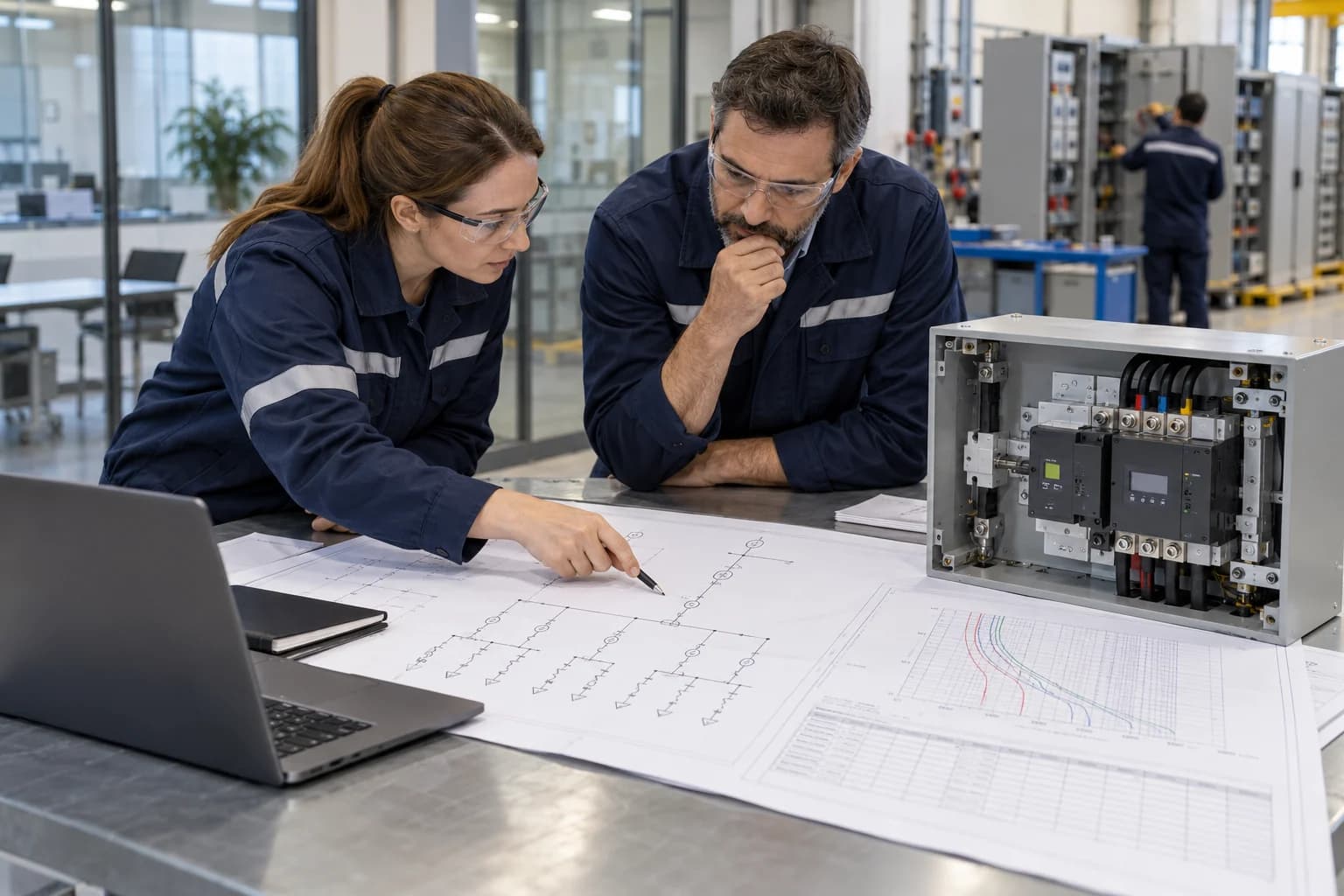 Engineers reviewing automatic transfer switch short-circuit protection design