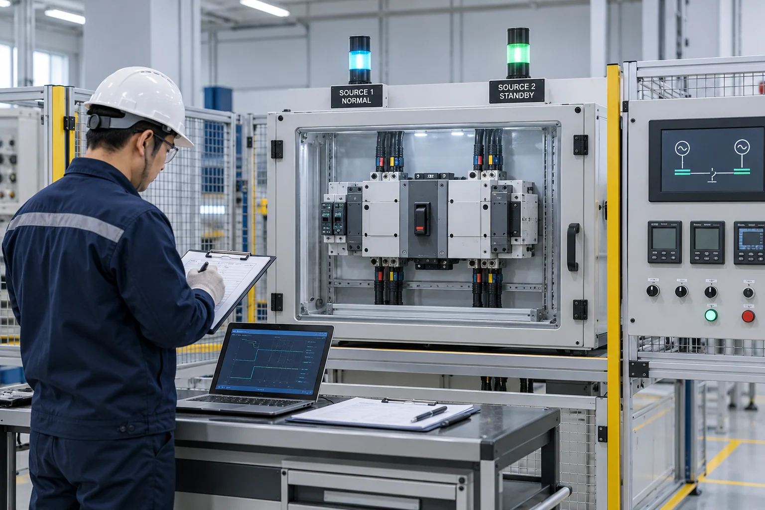 Automatic transfer switch functional test setup on an industrial test bench